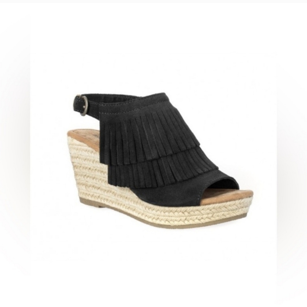 Minnetonka Ashley Western Fringe Black Bohemian Black Suede Espadrille Wedge 7.5